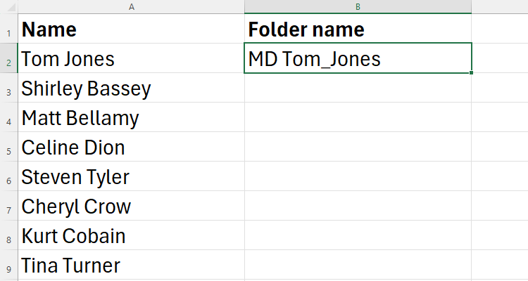 An Excel sheet containing a list of names in column A and the corresponding MD format in the first cell in column B.