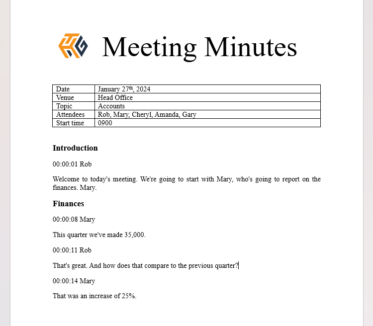 Meeting minutes in Microsoft Word with headings.