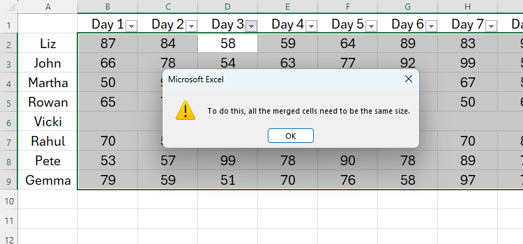 An Excel spreadsheet with an error message reading 'To do this, all the merged cells need to be the same size.'