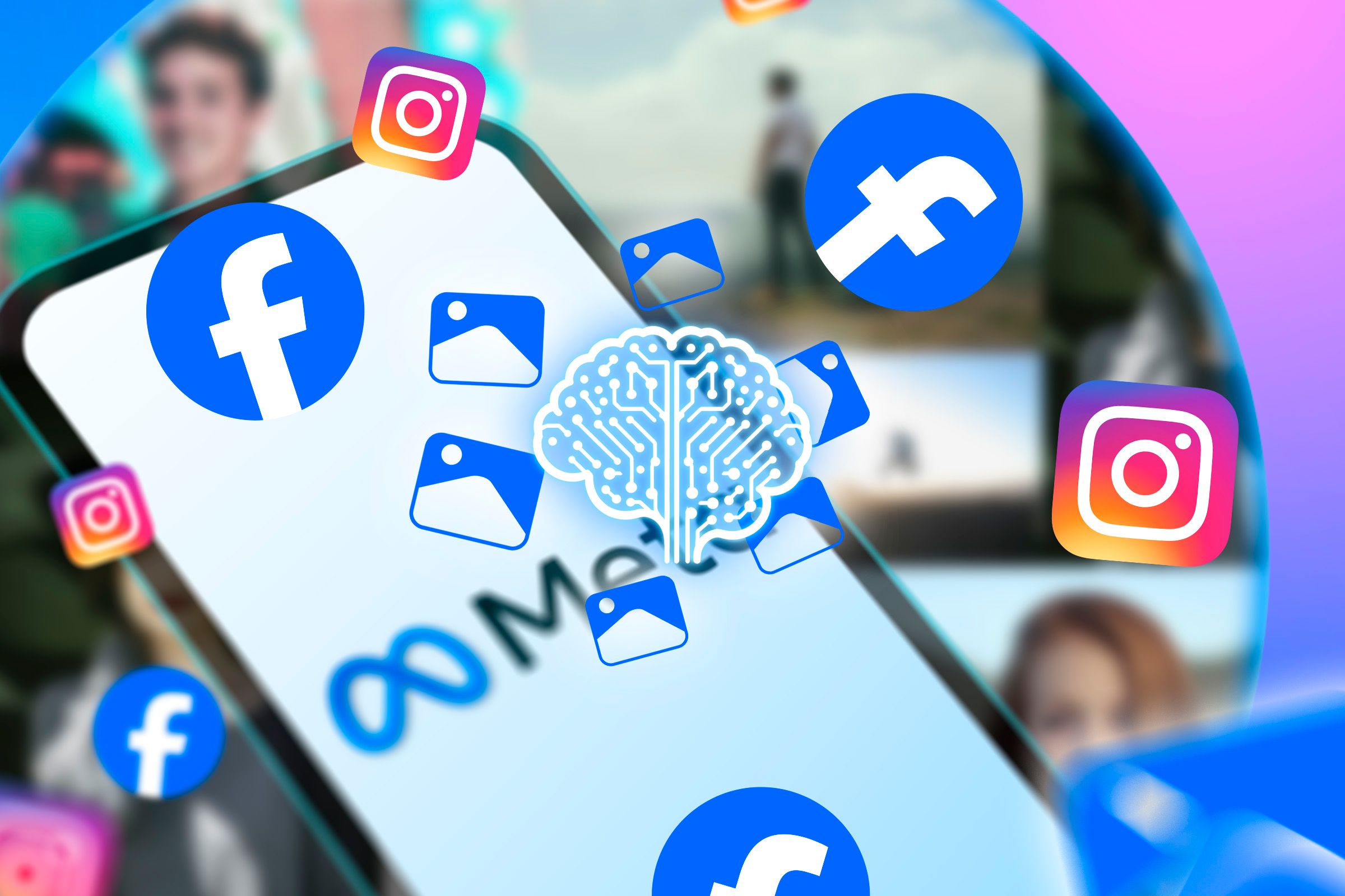 An illustration of an AI brain with several image icons around it and the Facebook and Instagram logos and a phone with the Meta logo in the background.
