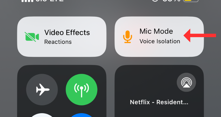 iPhone's Control Center with an arrow next to Mic Mode.