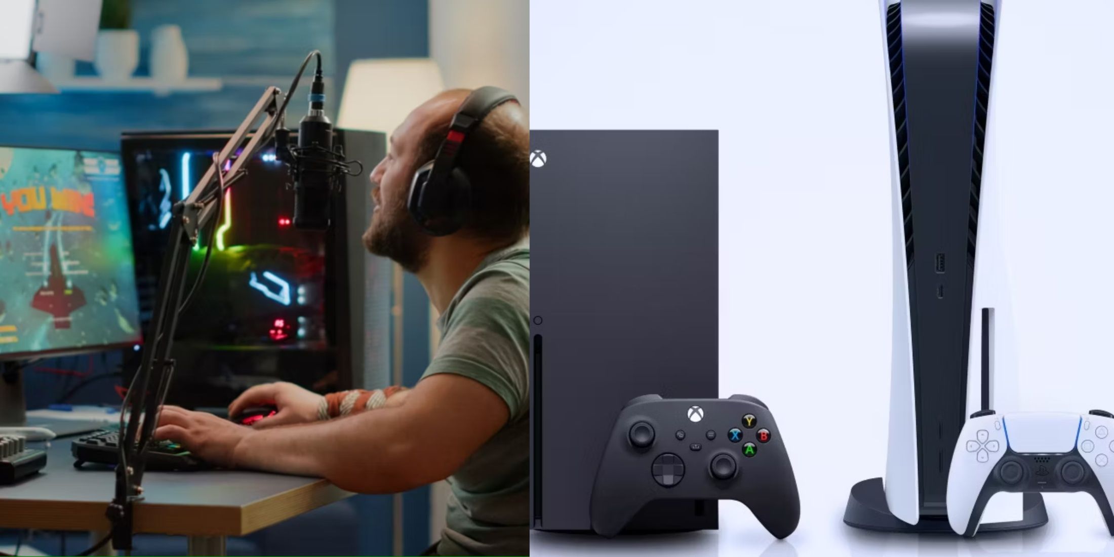 A man gaming at a PC next to an image of the Xbox Series X and PlayStation 5.