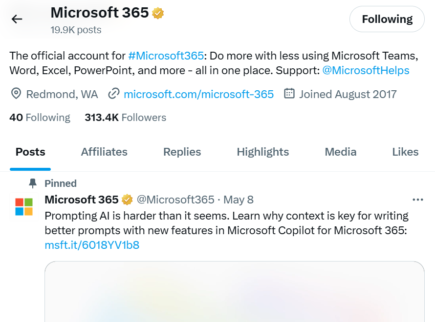 The Microsoft 365 X account, with a pinned post relating to Copilot.