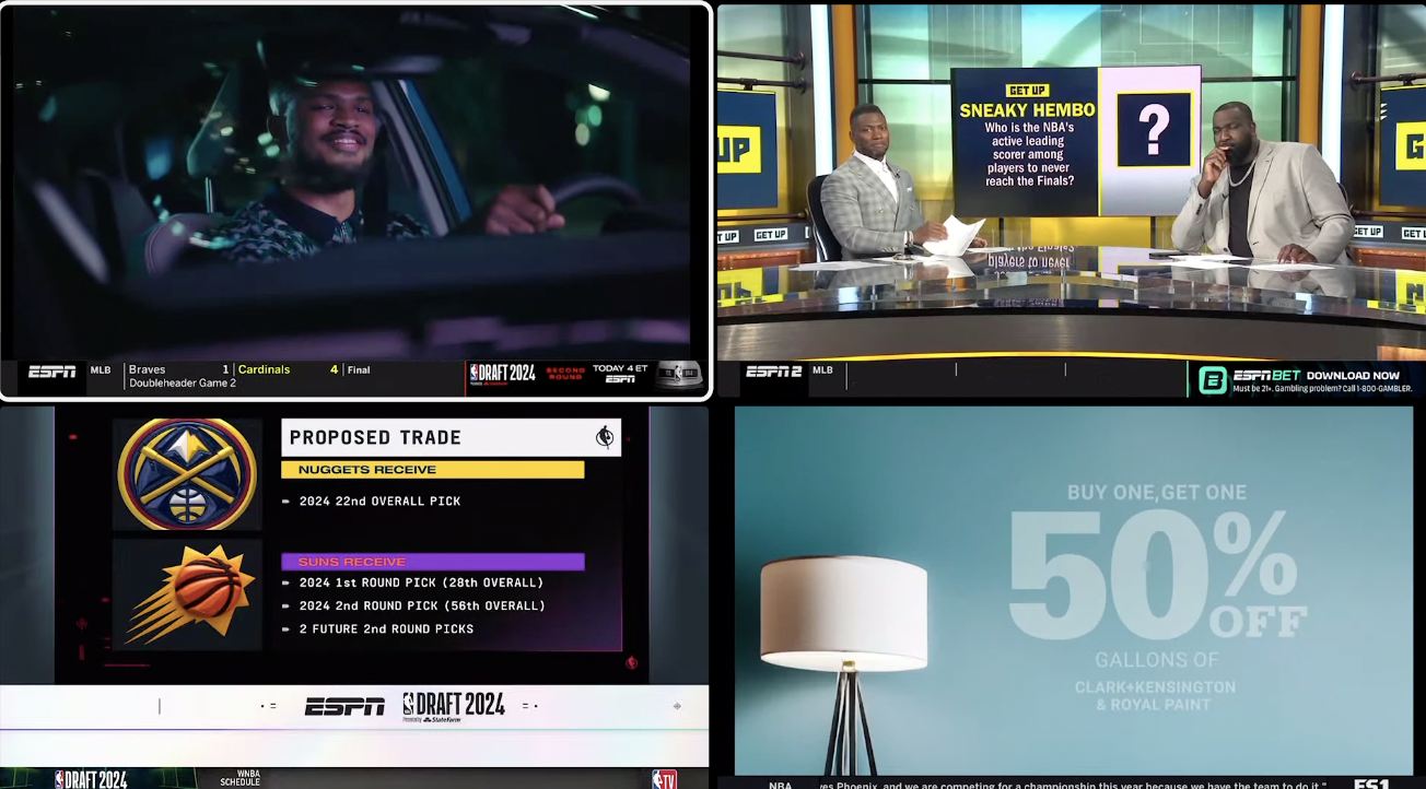 Image of a four-way split screen with four different sports channels.