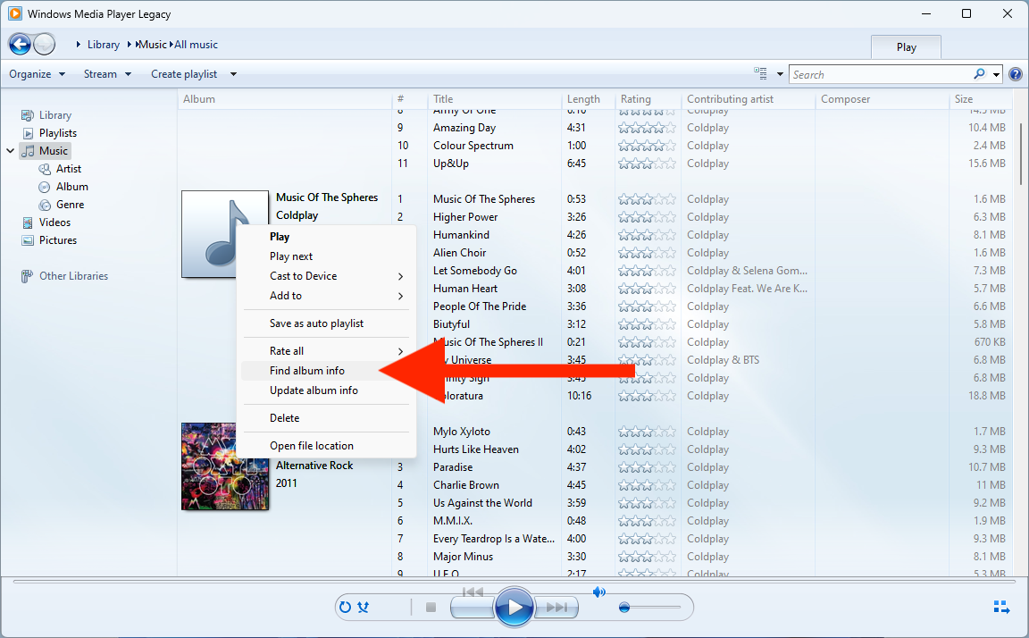 Find album info menu in Windows Media Player.