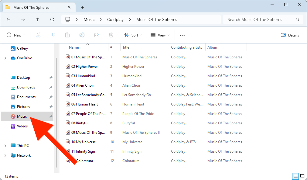 Screenshot of Music folder in the File Explorer.