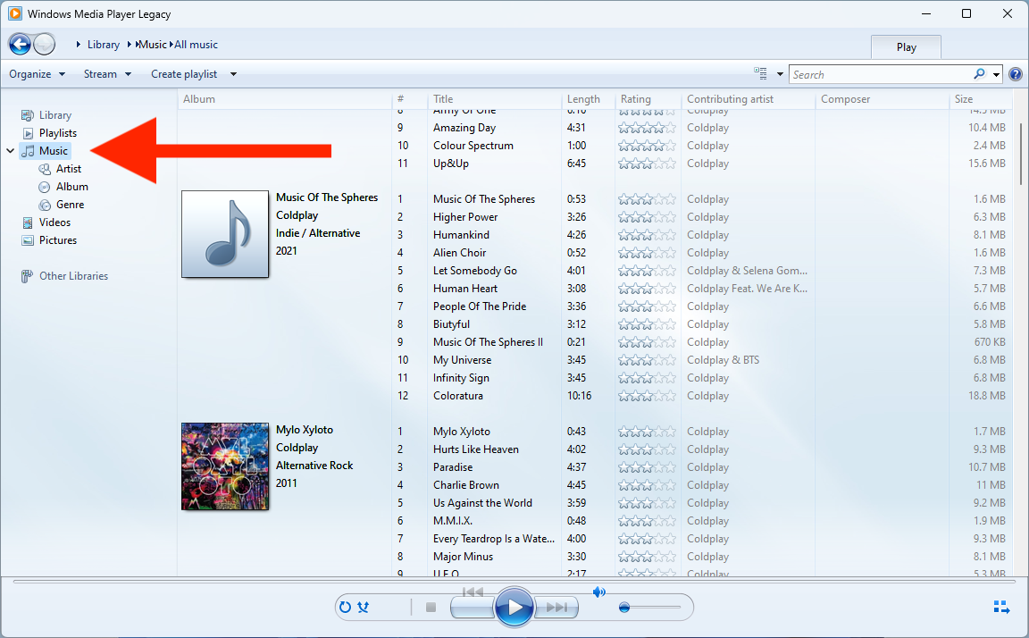 Screenshot of Music tab in Windows Media Player.