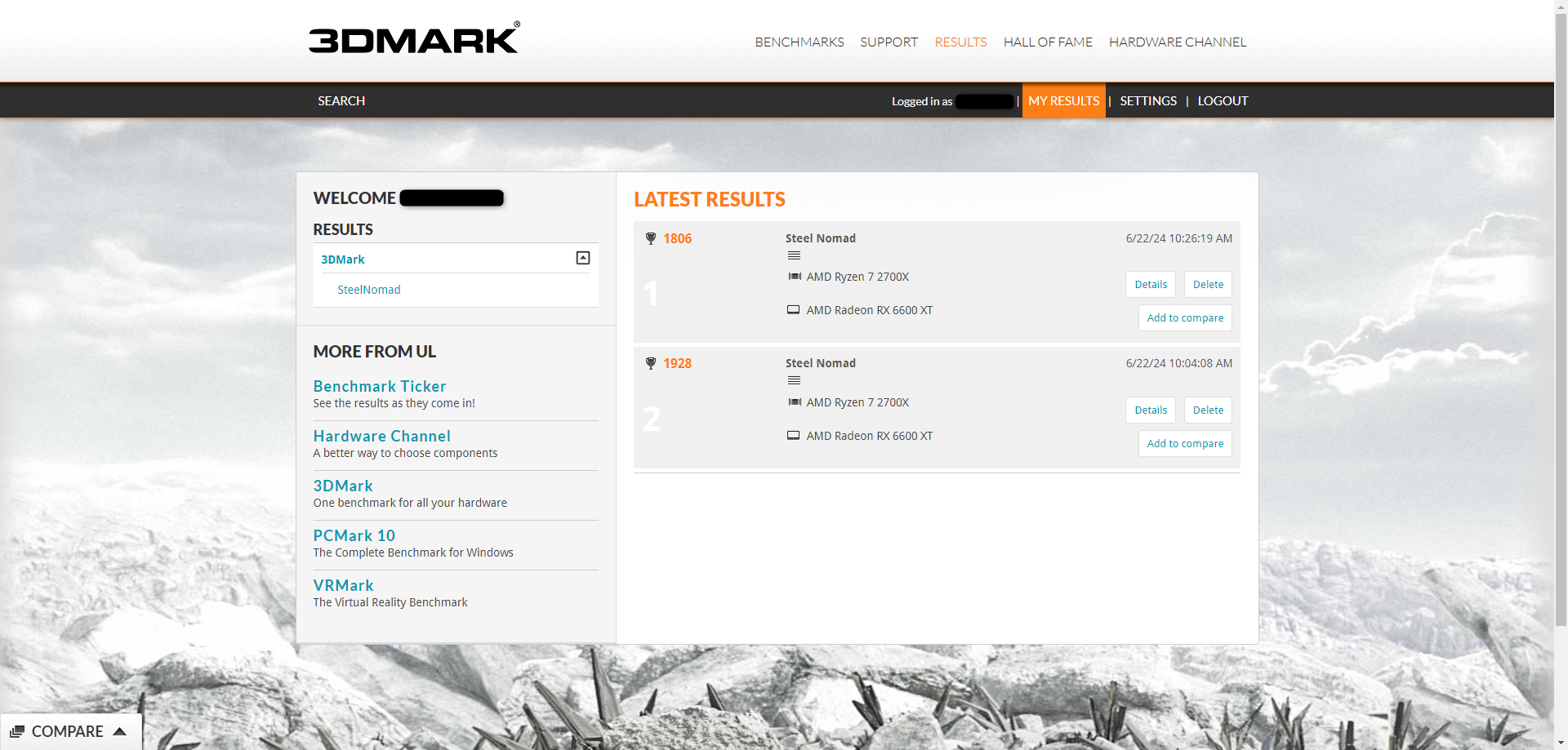 The "My Results" page on 3DMark.