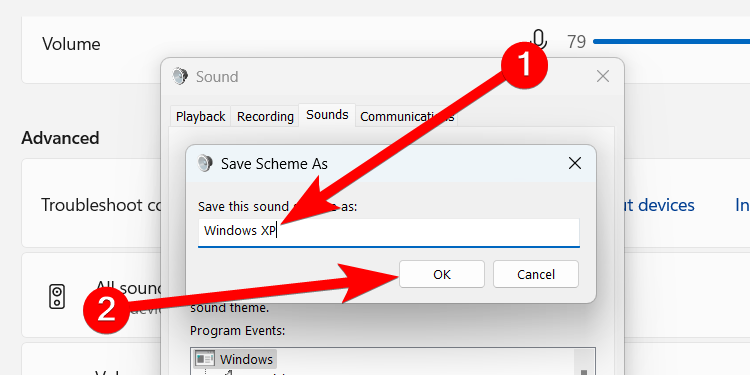 Naming a sound scheme on Windows 11.