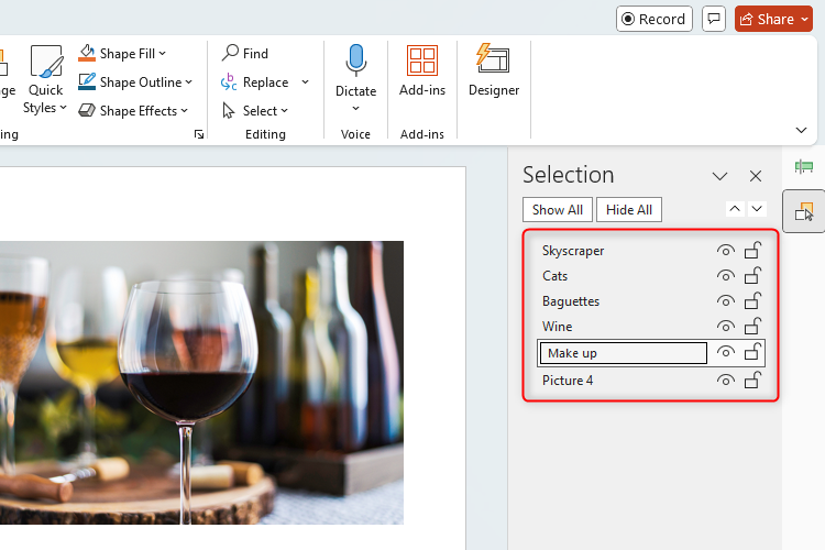 PowerPoint's Selection Pane containing items whose labels have been changed to reflect what the item represents.