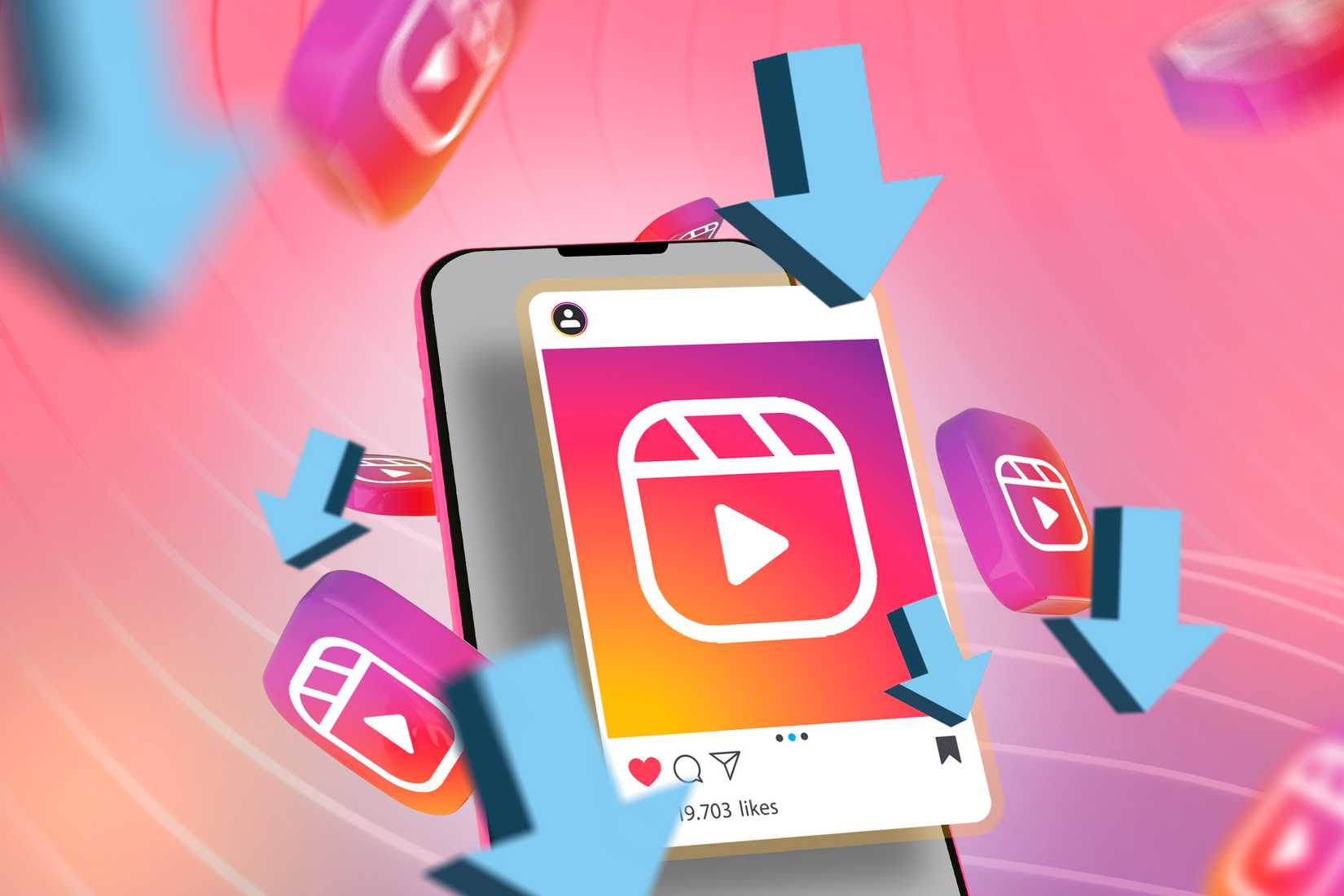 Смартфон с роликом Instagram Reels и значками скачивания.