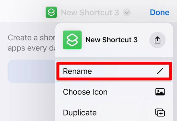 Option to Rename a new iPhone shortcut.