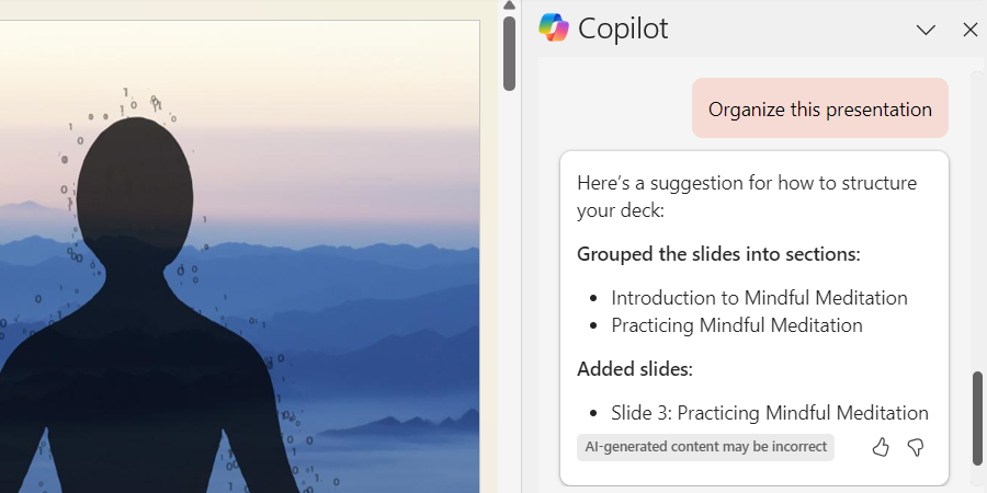 Organizing a slide in PowerPoint using Copilot.