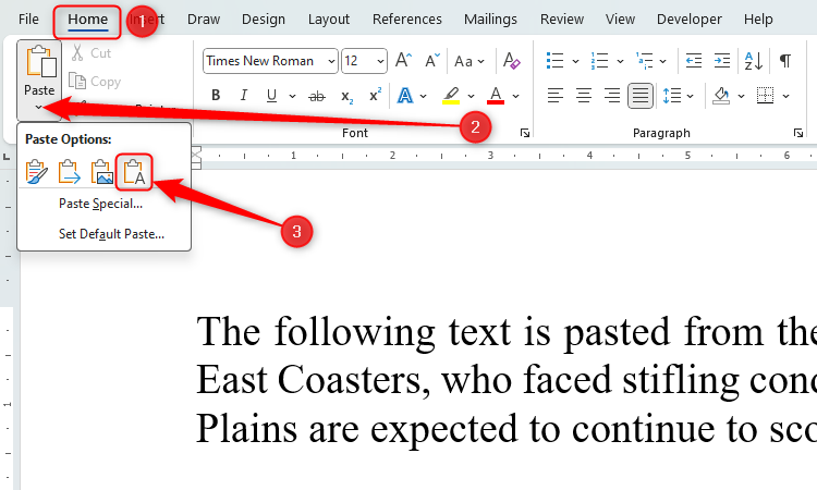 A Word document with the Keep Text Only pasting option highlighted.