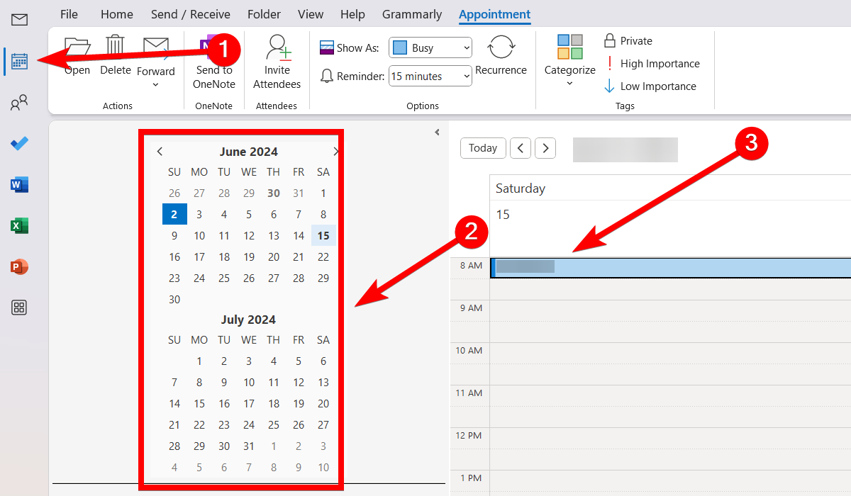 Selecting a date on an Outlook Calendar on Windows.