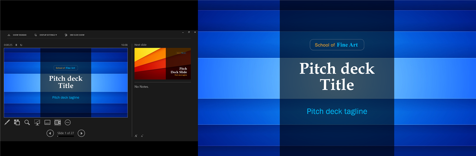 A dual-screenshot of PowerPoint, with the Presenter View on the left screen, and the slideshow on the right screen.
