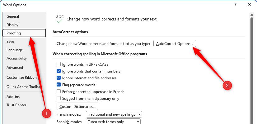 The Word Options dialog box with Proofing and AutoCorrect Options highlighted.