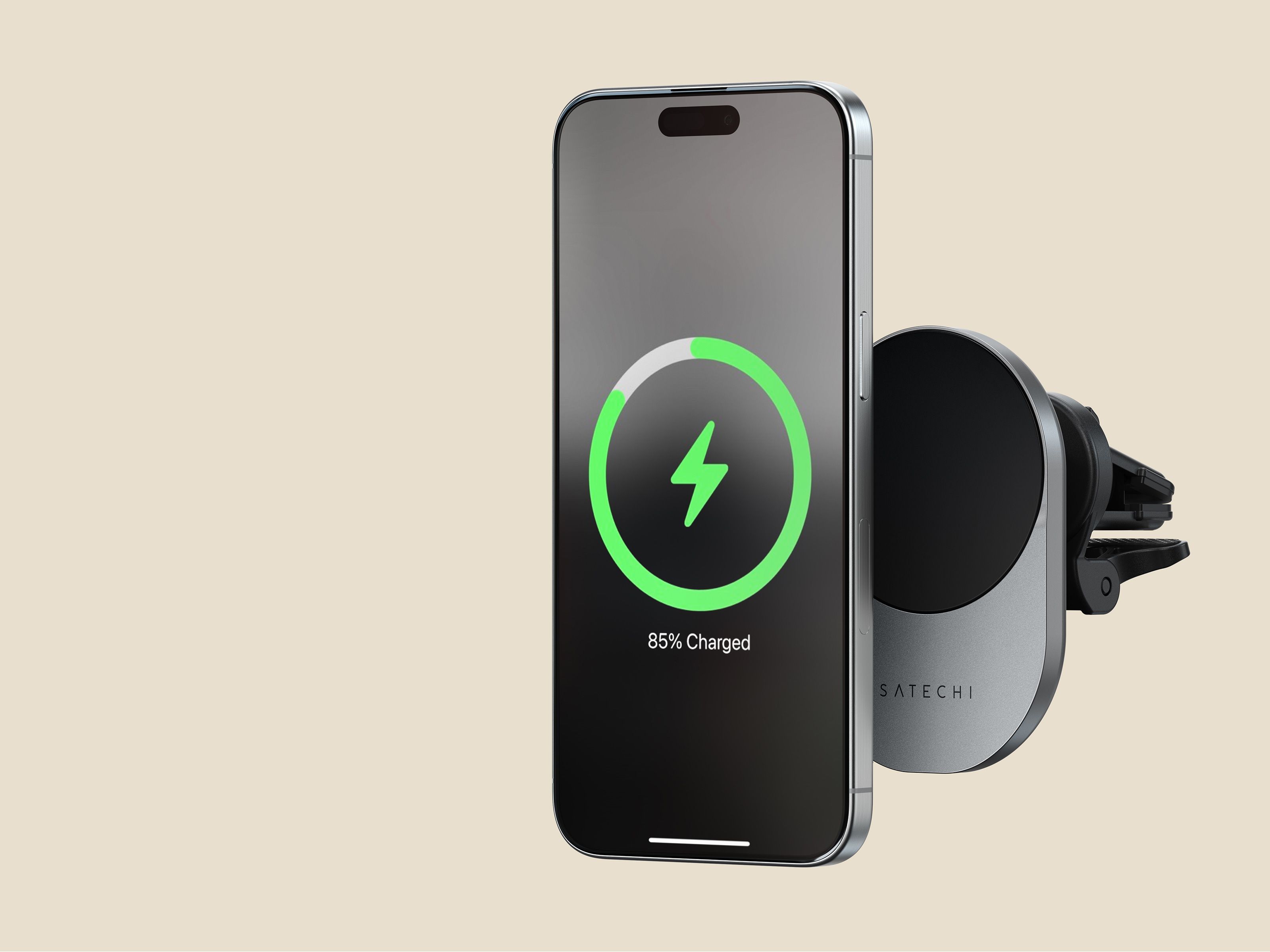 Render image of an iPhone with the car charger.