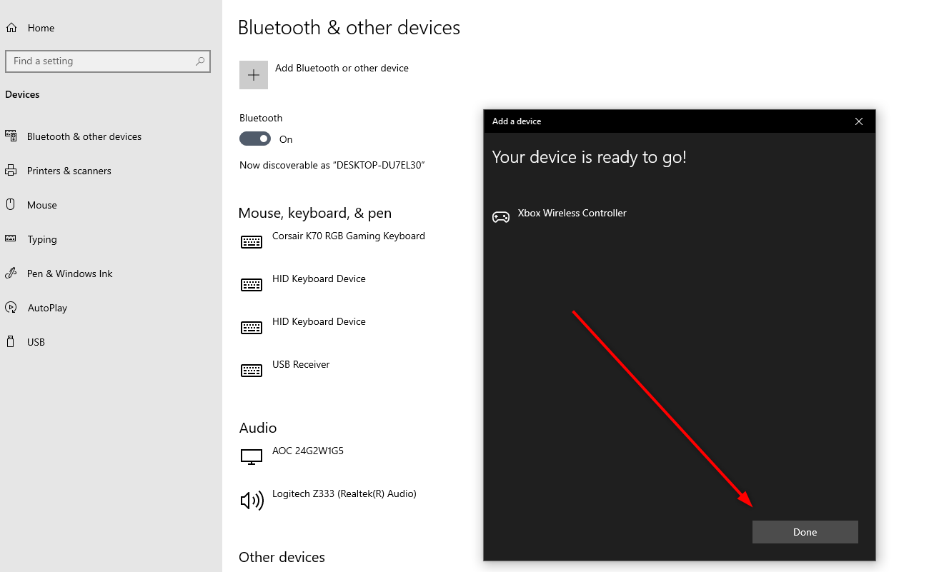 The "Your Device is ready to go" Bluetooth screen in Windows 10.