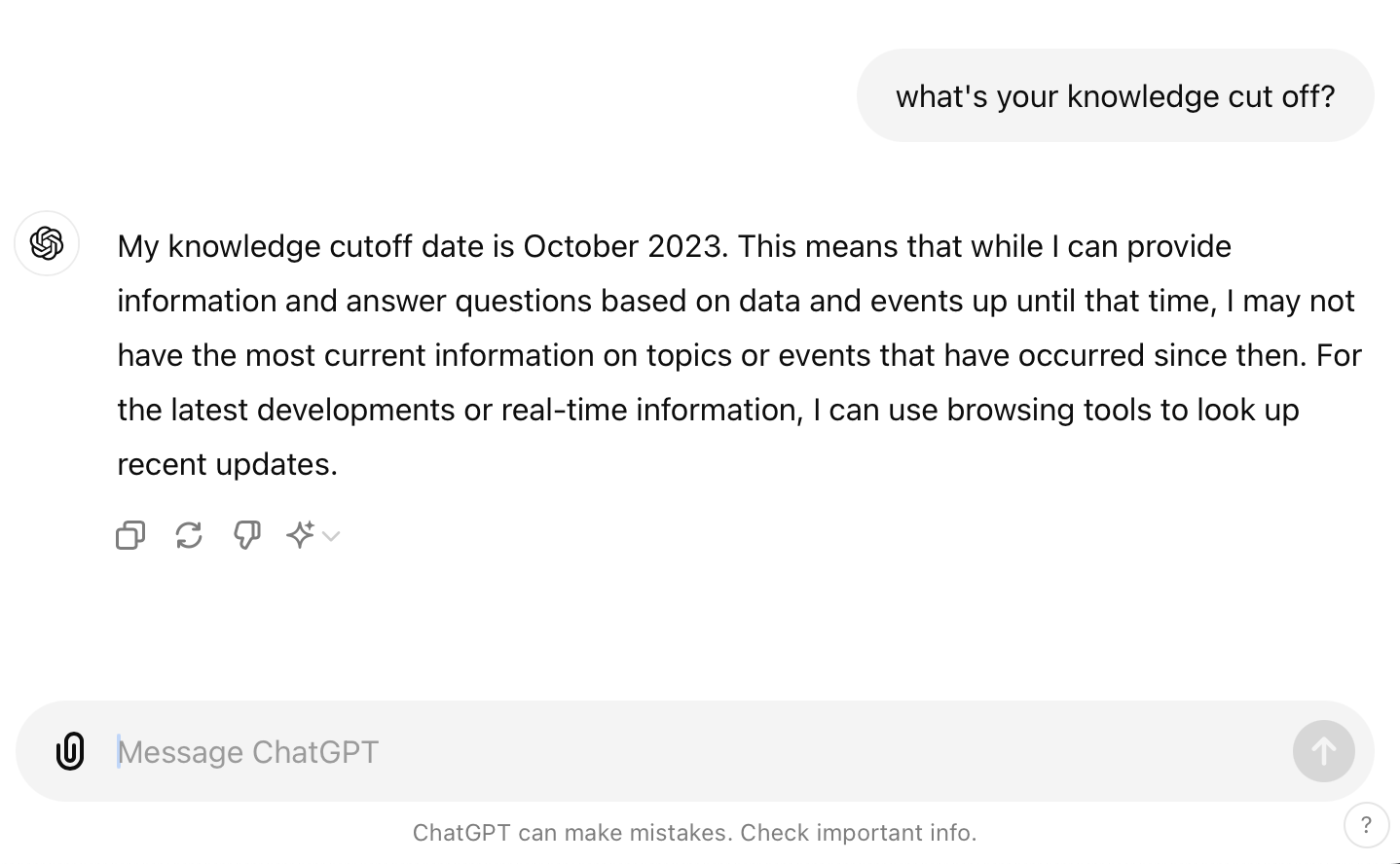 Asking ChatGPT what its knowledge cut-off date is.