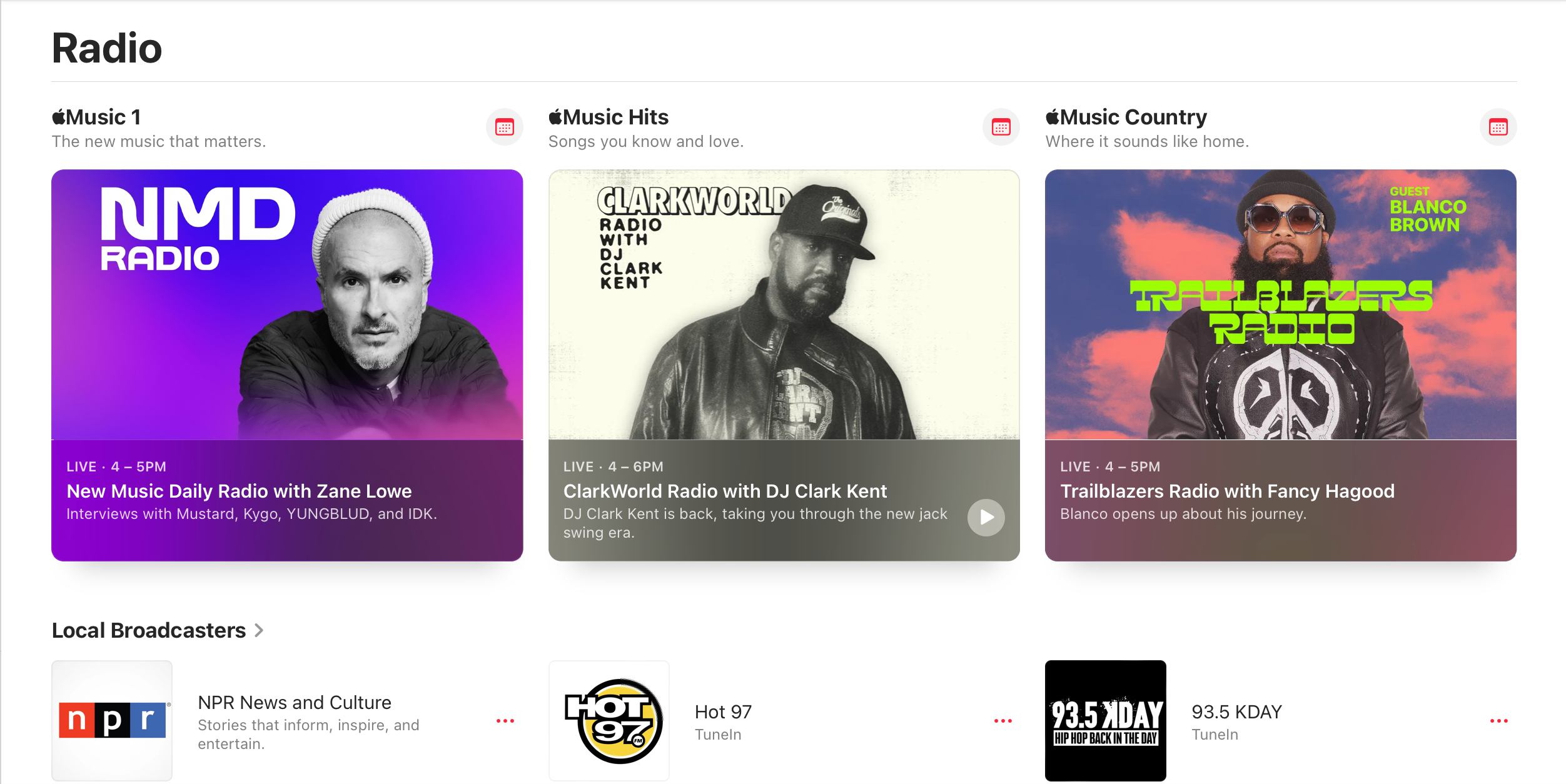 Apple Music's free radio stations, including local broadcasts and Music 1.