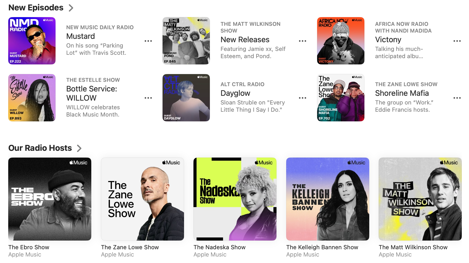 Selection of hosted and curated radio shows on Apple Music. 