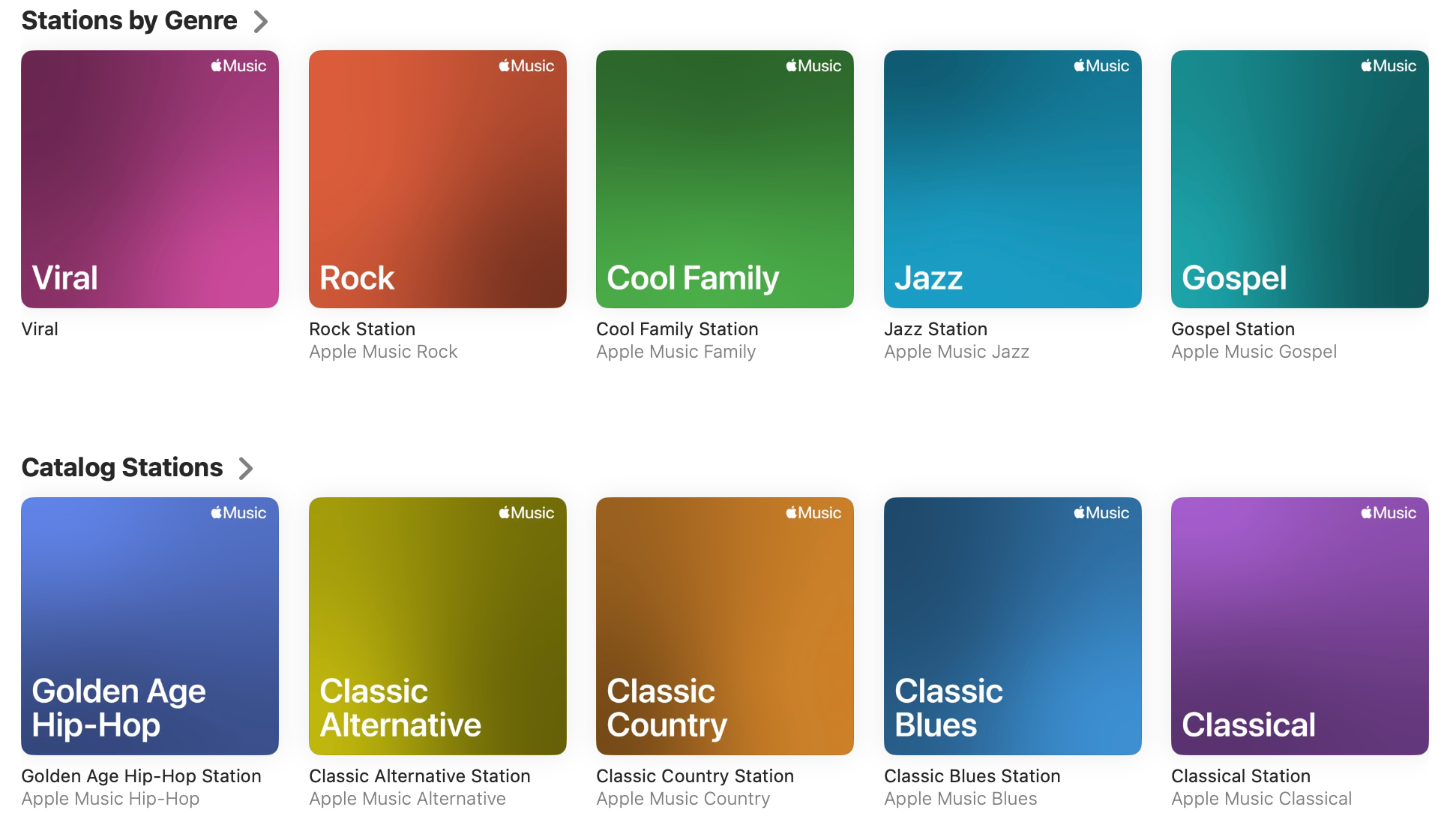 Apple Music selection of genre and catalog stations.
