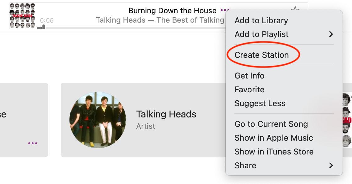 Create station button circled next to currently playing song on Apple Music.