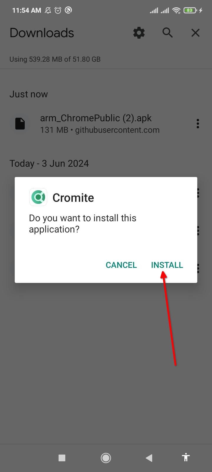 Installing Cromite from the APK file.