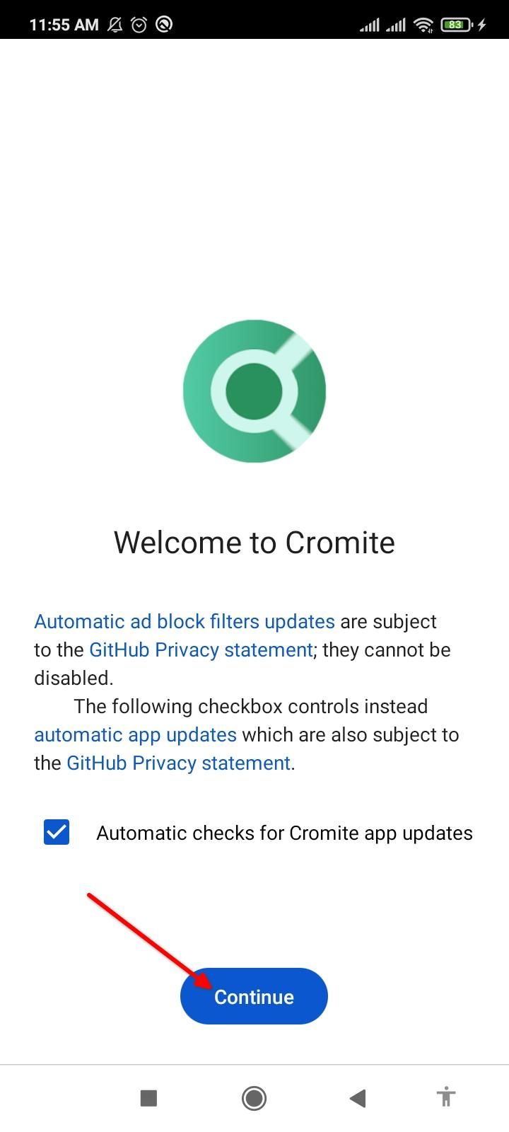 Accepting Cromite privacy policy.