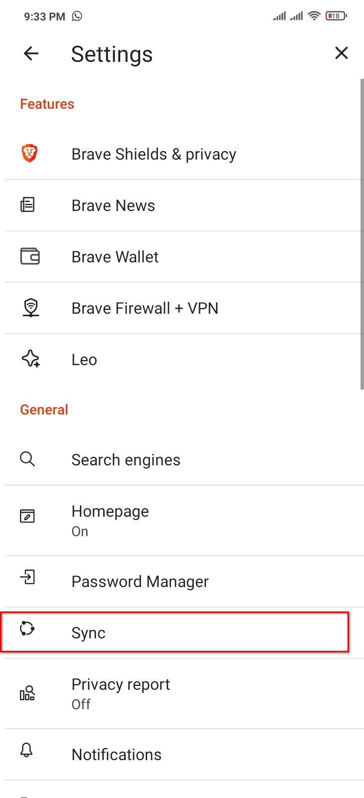 Opening sync settings in Brave Android.