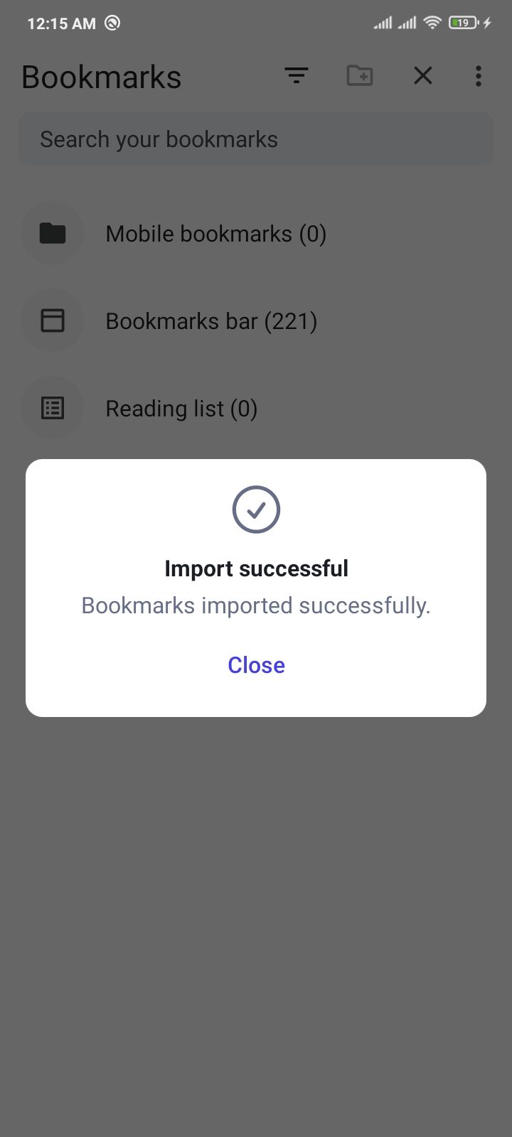 Bookmarks successfully imported into Brave Android.