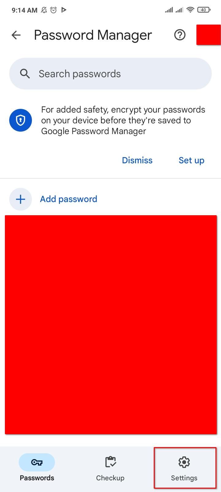 Opening settings in Google Password Manager on Android.