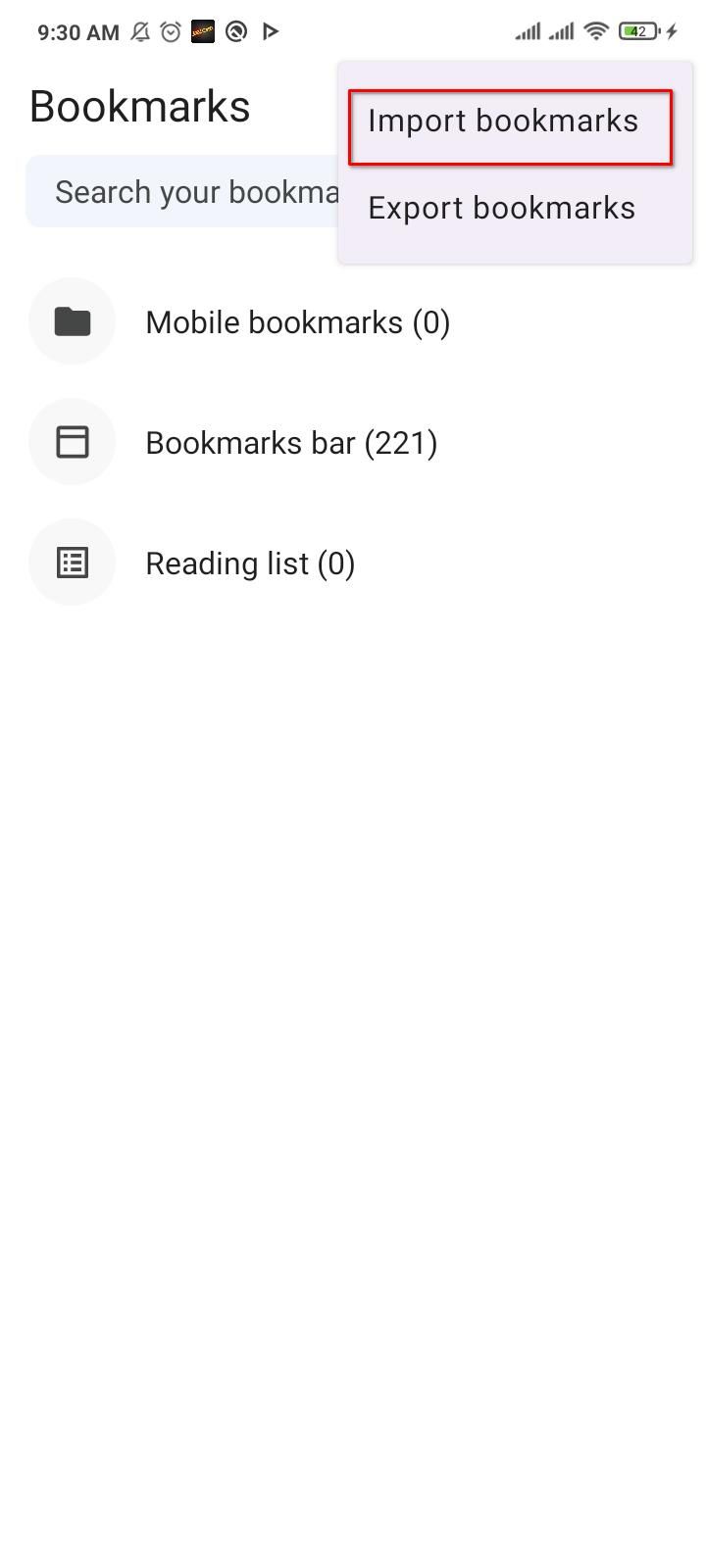 Importing bookmarks in Brave Android.