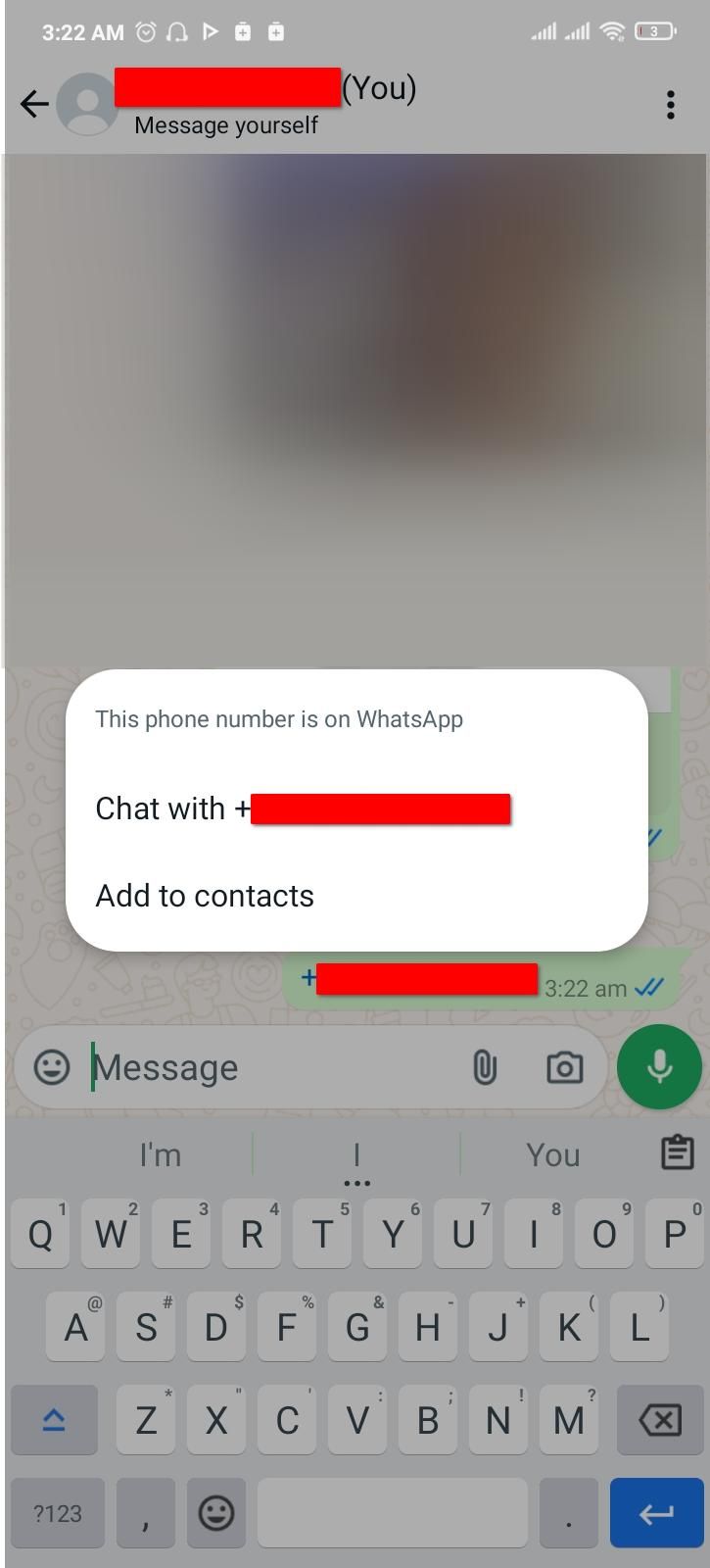 Starting a new WhatsApp chat from an SMS sent to yourself.