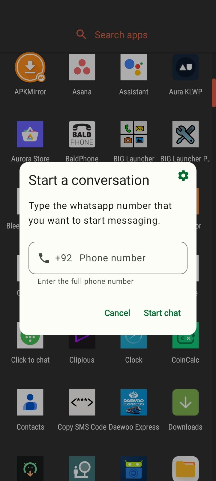 Starting a new WhatsApp chat using the ChatLaunch app on Android.