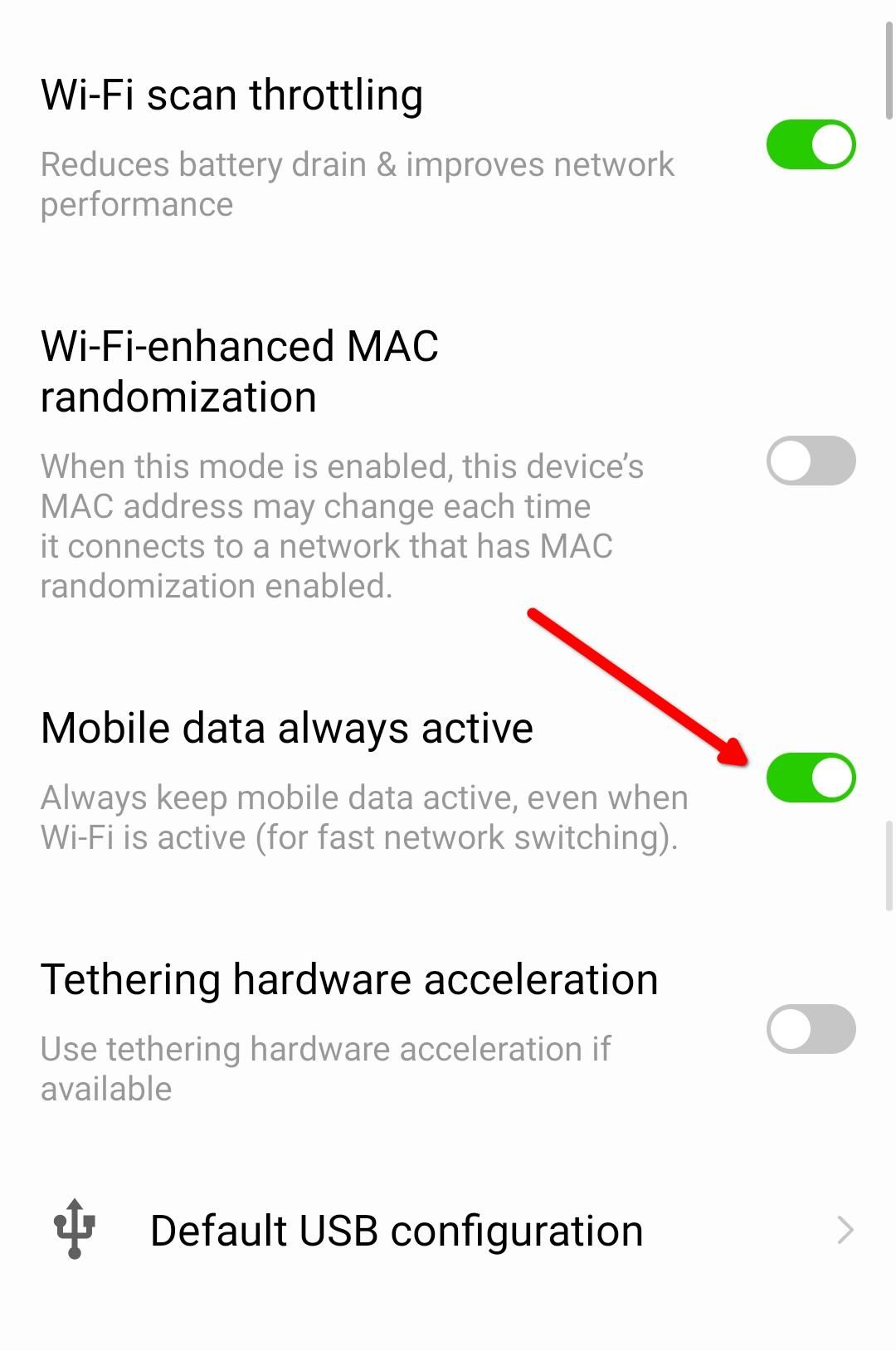 Mobile data settings in developer options.