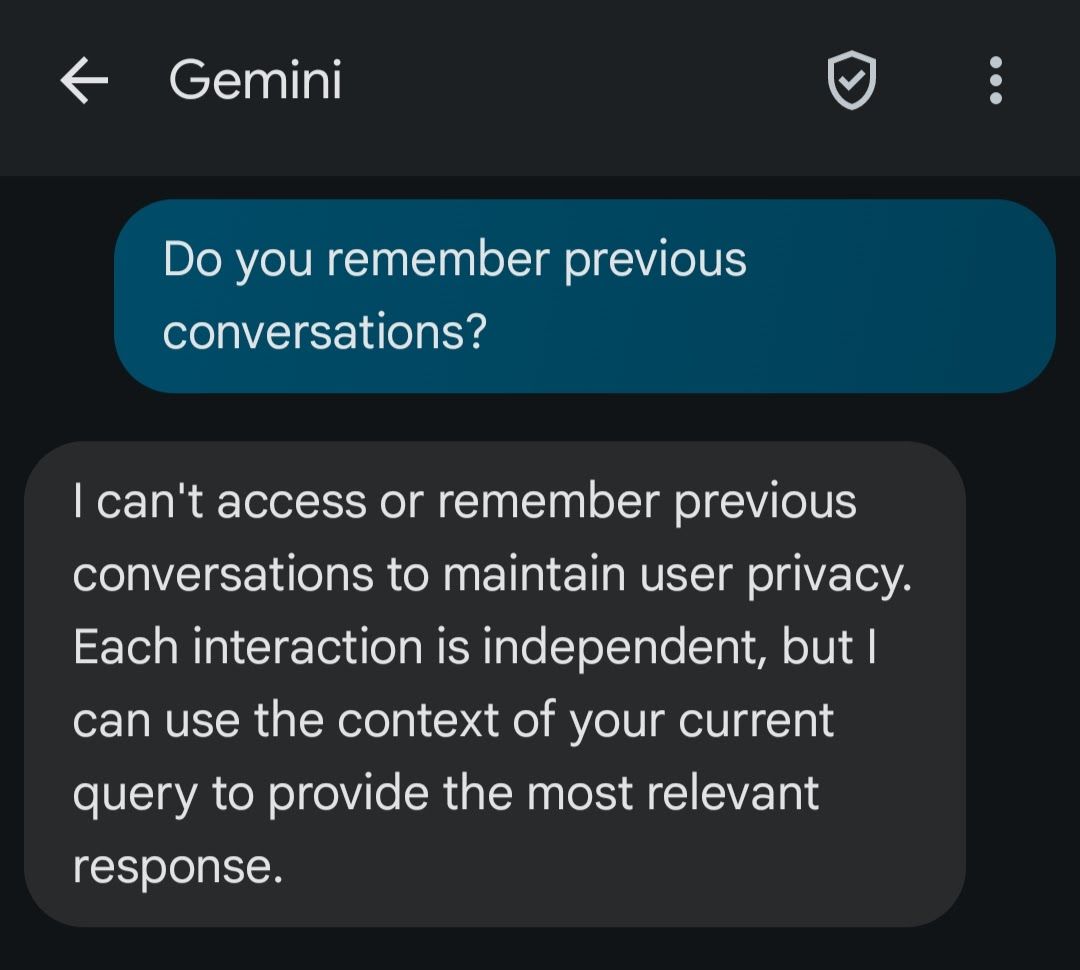 Screenshot of "Do you remember Previous Conversations" prompt and response