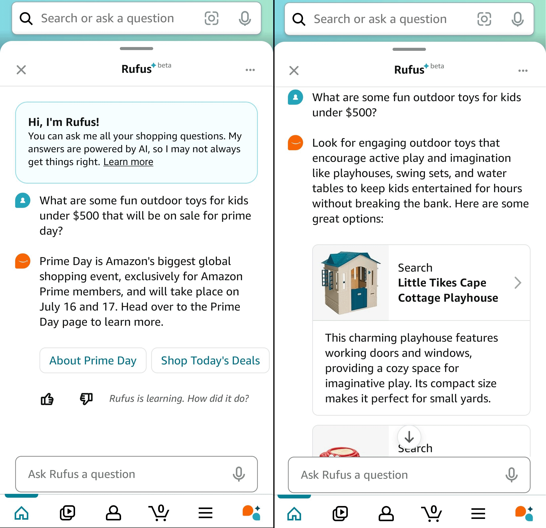 Side-by-side screenshots of the two outdoor toys prompts and Rufus' responses.