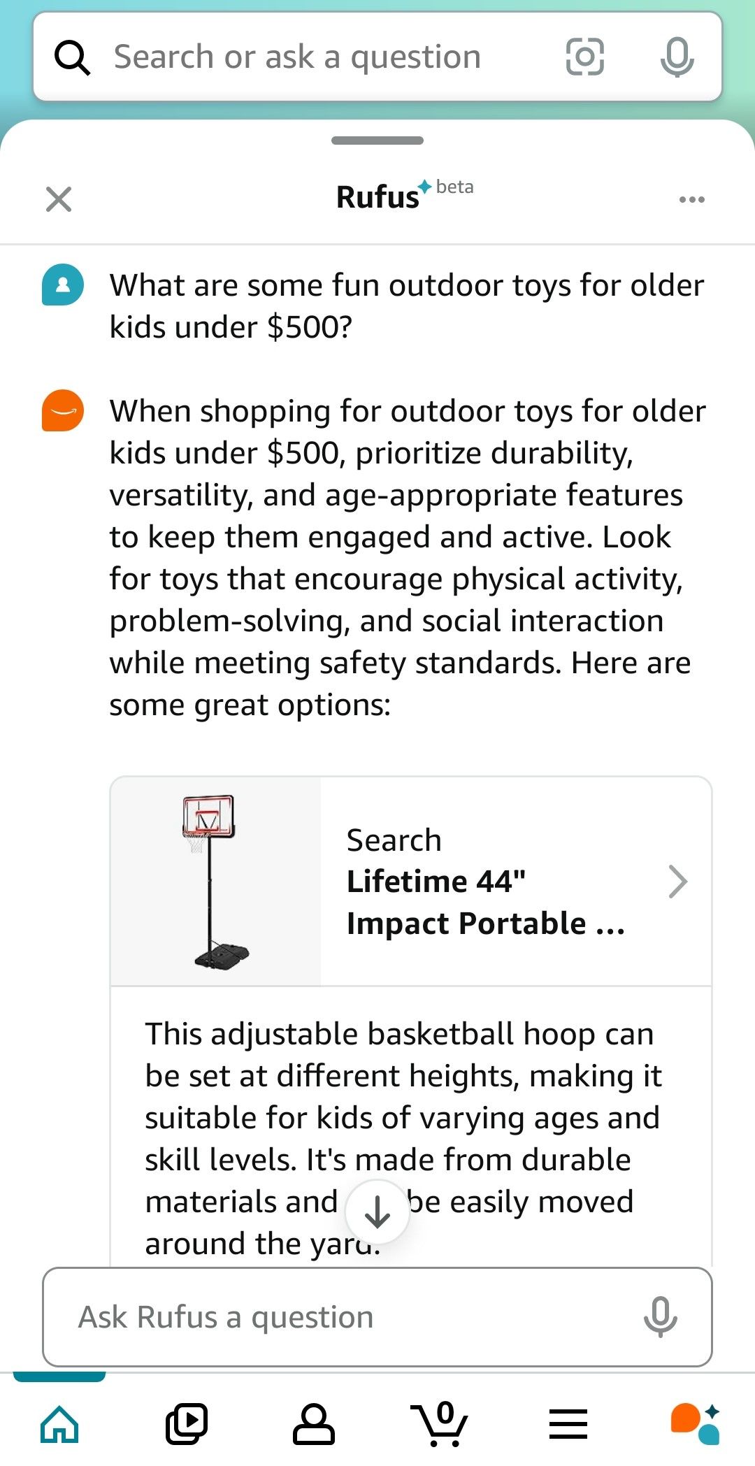 A screenshot of the above prompt and Rufus' response. Only the suggestion of a large outdoor basketball hoop is shown.