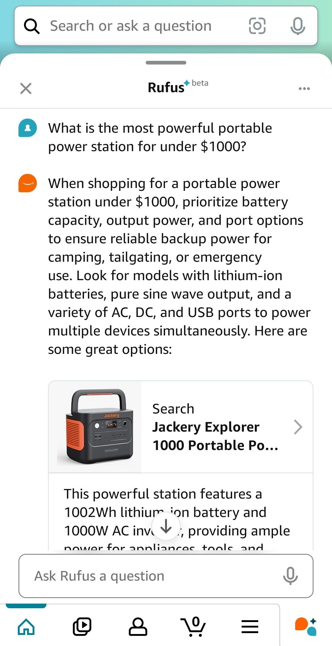 A screenshot of the prompt "What is the most powerful portable power station for under $1000" and Rufus' response.