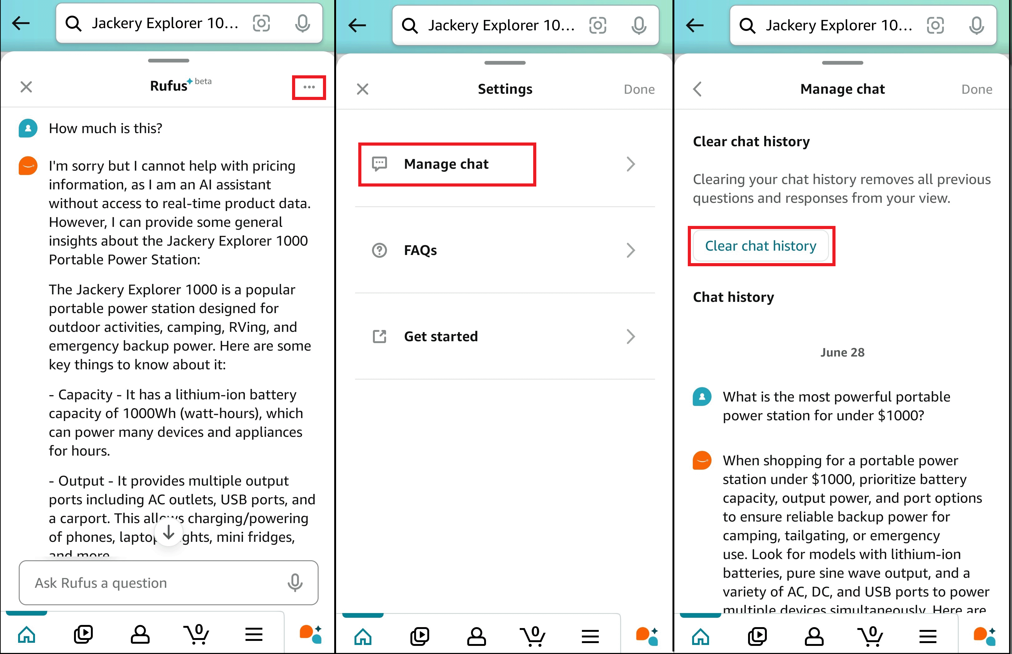 Three screenshots that highlight the steps of tapping the three dots, tapping "Manage chat", and "Clear chat history".