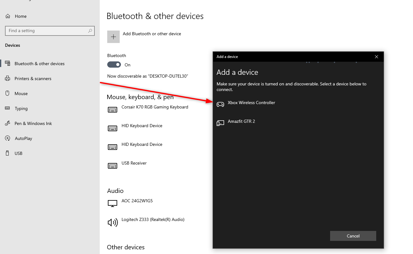 Xbox controller in the add a device menu in Bluetooth Windows settings.