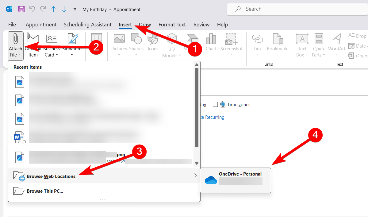Selecting OneDrive account when attaching event to an Outlook Calendar on Windows.
