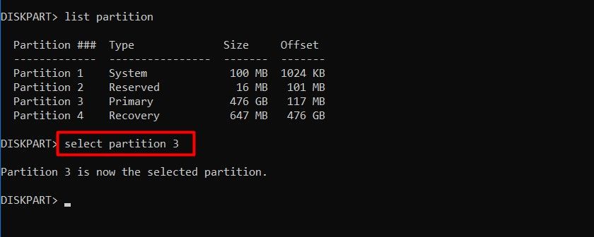 Select partition 3 command in CMD