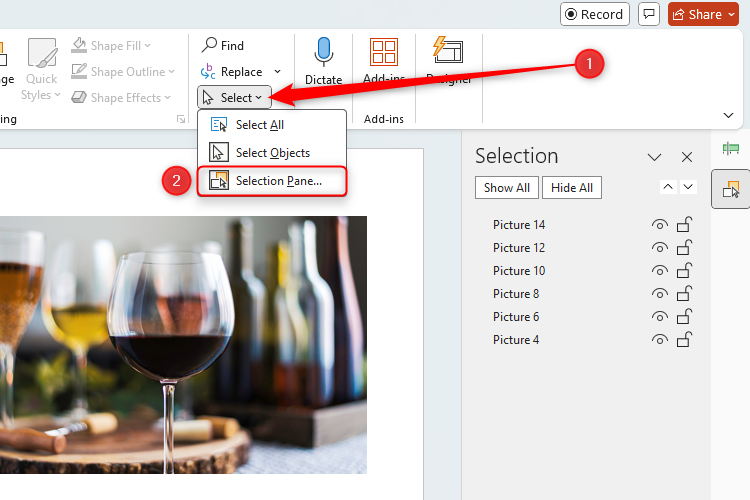 A PowerPoint slide with the Select drop-down option highlighted and the Selection Pane option selected. The Selection Pane is displayed on the right of the screen.