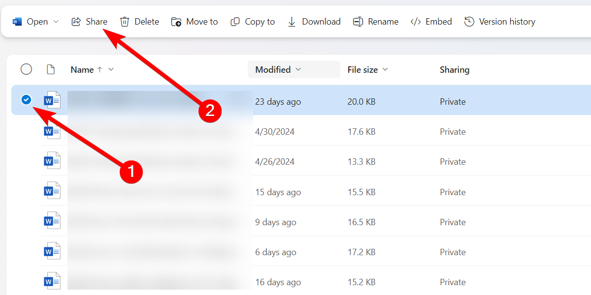 Sharing a file on OneDrive.
