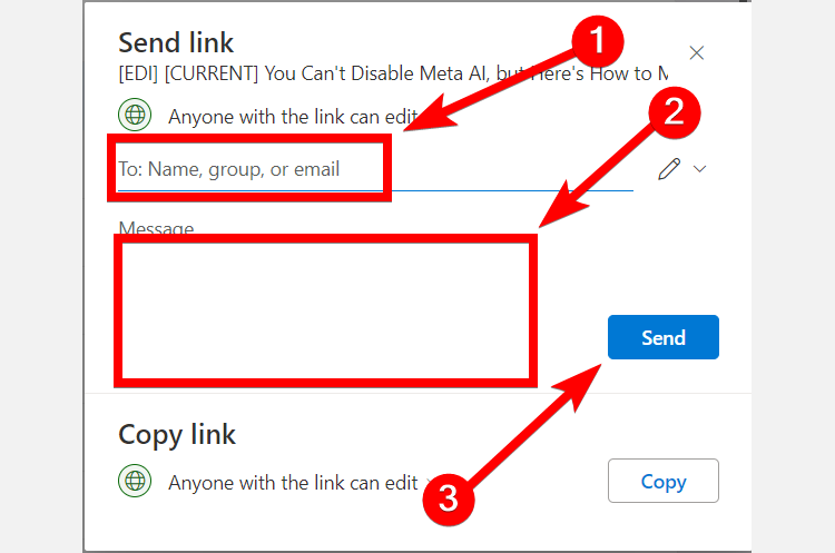 Prompt for sharing a file with people on OneDrive.