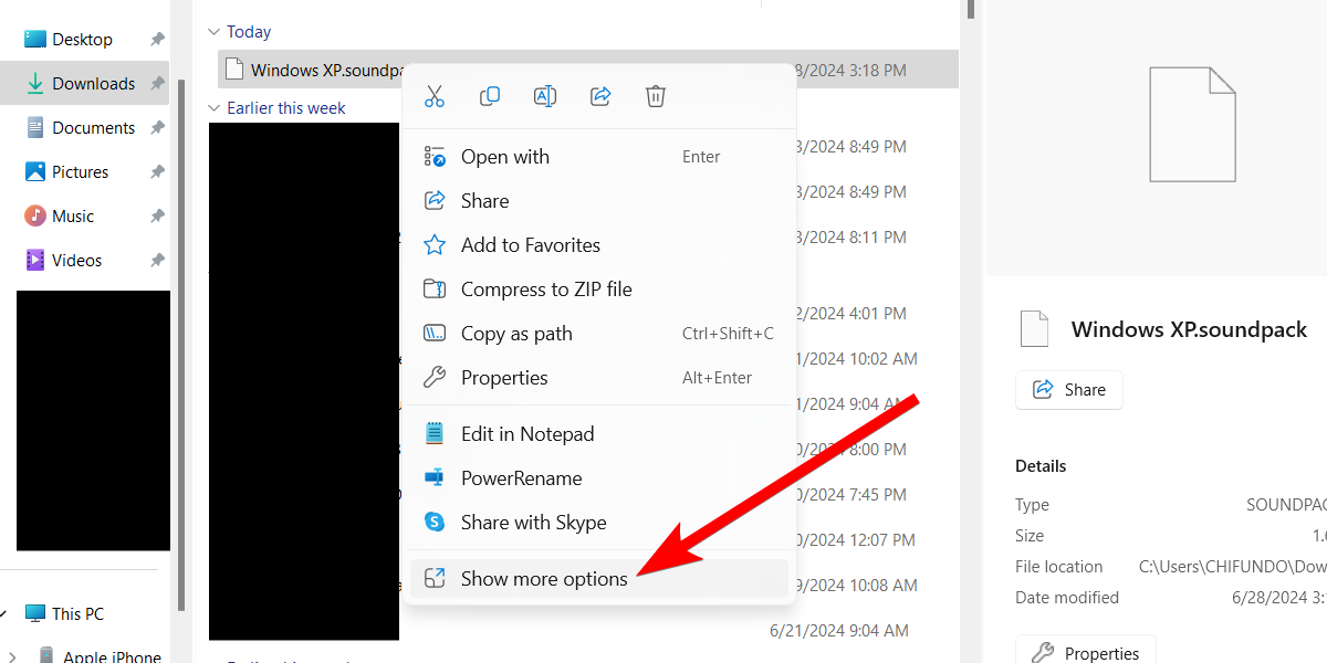 The "Show More Options" option in the Windows 11 context menu.