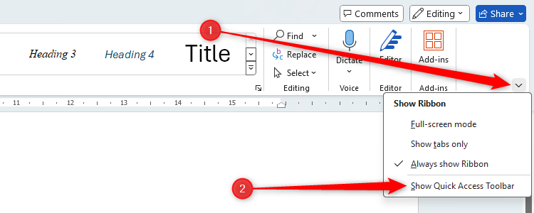 A Microsoft Word document with the Show Ribbon menu open and 'Show Quick Access Toolbar' highlighted.